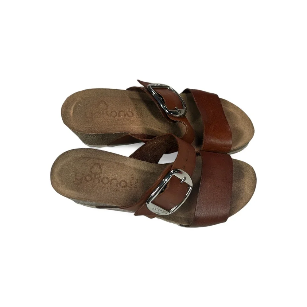 Yokono Women Brown Leather Wedge Slide Sandals Buckle Casual Comfort‎ Size 6.5-7